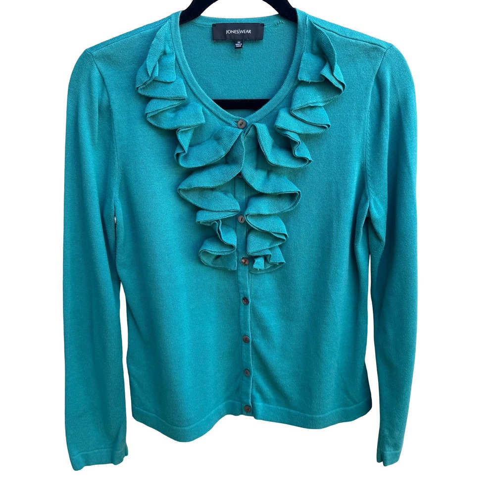 Jones Wear Ruffle V-Neck Feminine Victorian Romantic Preppy Cardigan Sweater M